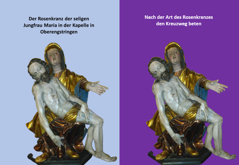 Eine Statue zeigt die Jungfrau Maria, die den leblosen Körper Jesu hält. Die Figur ist gold- und farbenfroh gestaltet, mit einem hellen Hintergrund. Links befindet sich ein Text über den Rosenkranz, rechts ein Text über das Gebet nach der Art des Rosenkranzes.