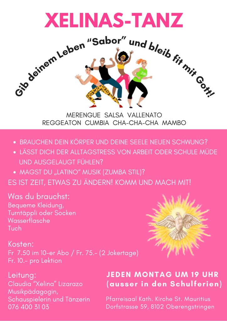 Ein rosa-weißes Plakat für XELINAS-TANZ mit tanzenden Figuren, dem Slogan „Gib deinem Leben ‚Sabor‘ und bleib fit mit Gott!“ sowie Kursangaben und einer Engelgrafik unten rechts.